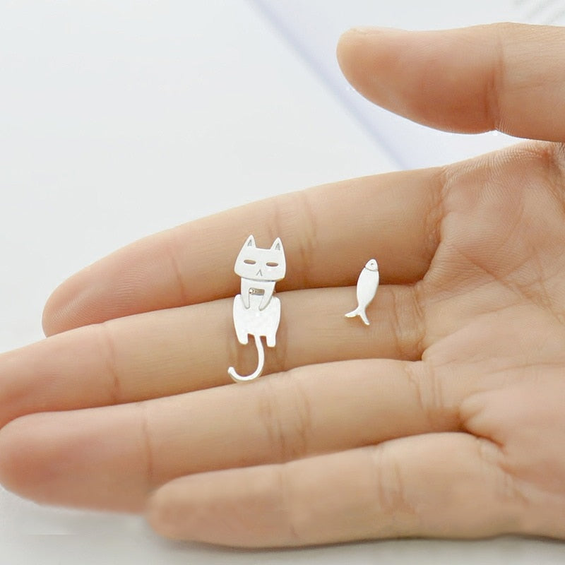 Cute Cat and Fish Stud Earrings for Women