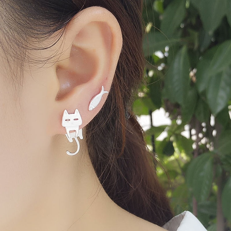 Cute Cat and Fish Stud Earrings for Women