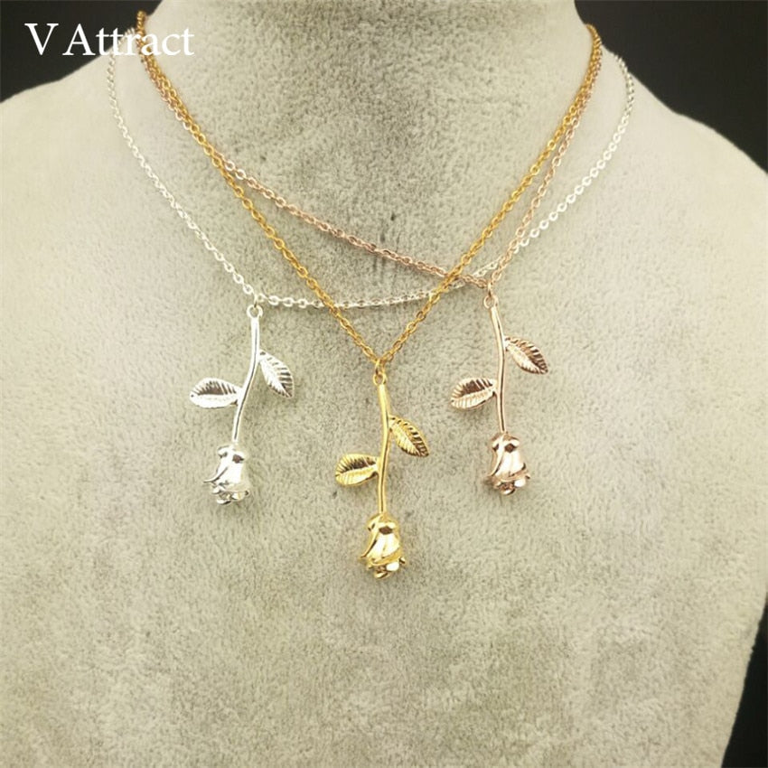 Stainless Steel Long Chain Rose Flower Necklace