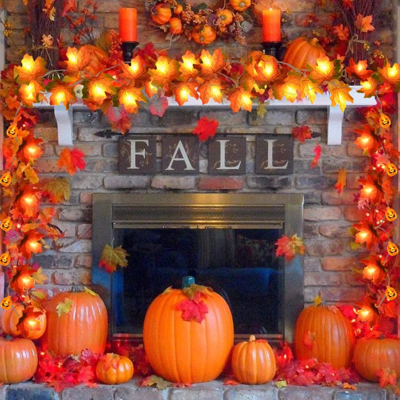 Artificial Autumn Maple Leaves Pumpkin Garland Led Fairy Lights for Autumn Thanksgiving Halloween Home Fireplace Door Decor