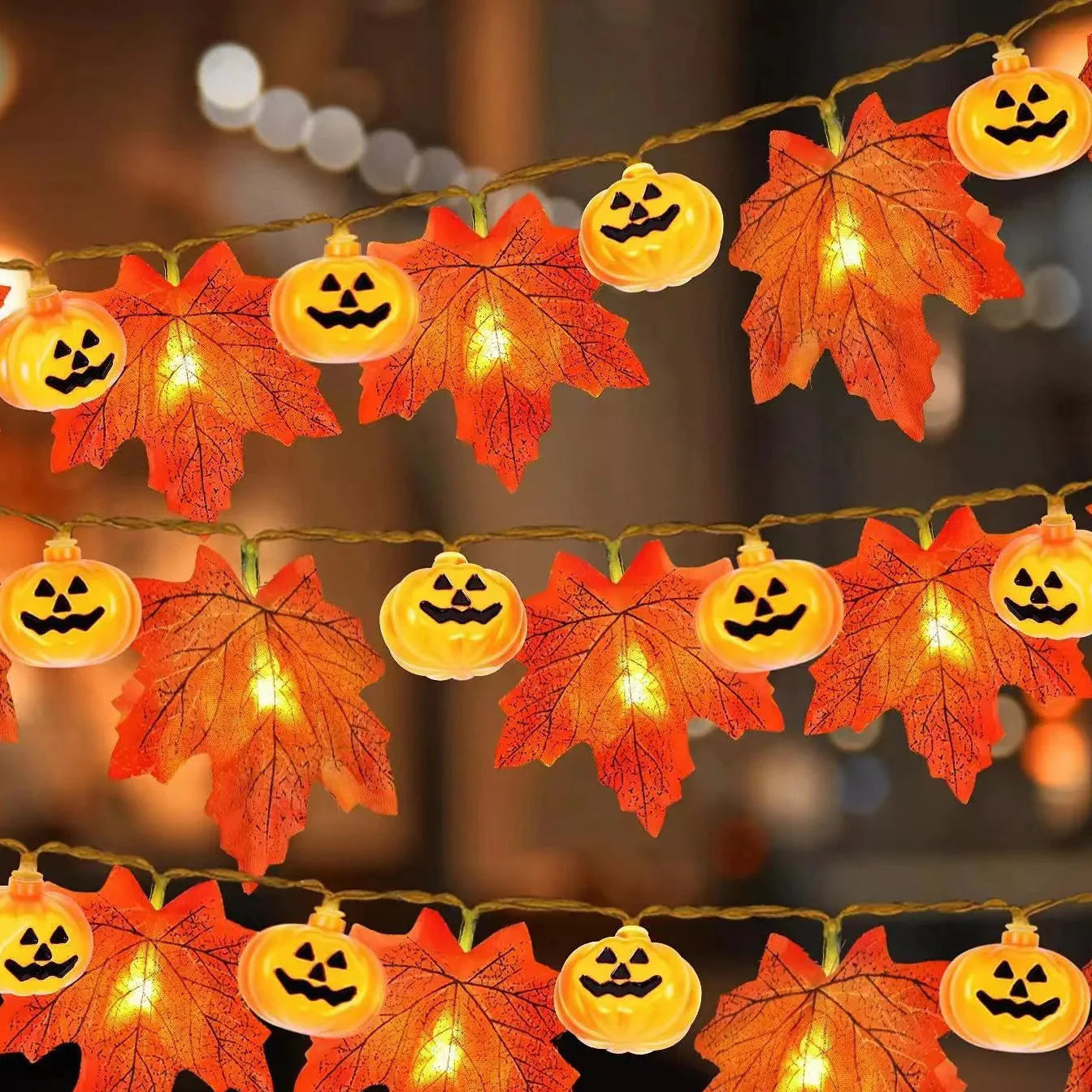 Artificial Autumn Maple Leaves Pumpkin Garland LED Fairy String Light Fall Thanksgiving Decorations Halloween Party DIY Supplies