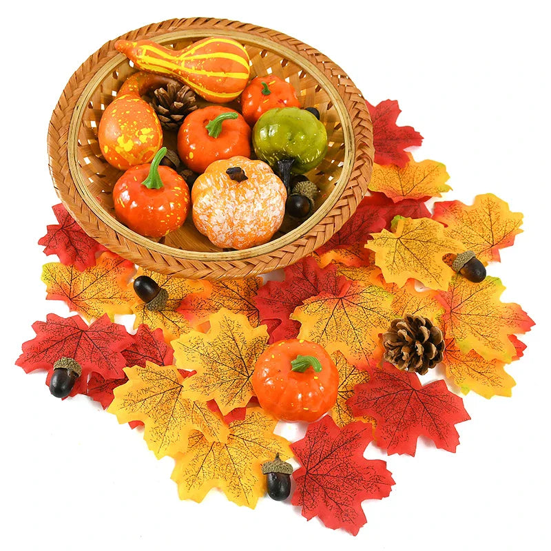 50Pcs/set Artificial Pumpkin Maple Leaves Pine Cone Halloween Thanksgiving Fall Table Home Decoration Photo Props Ornaments