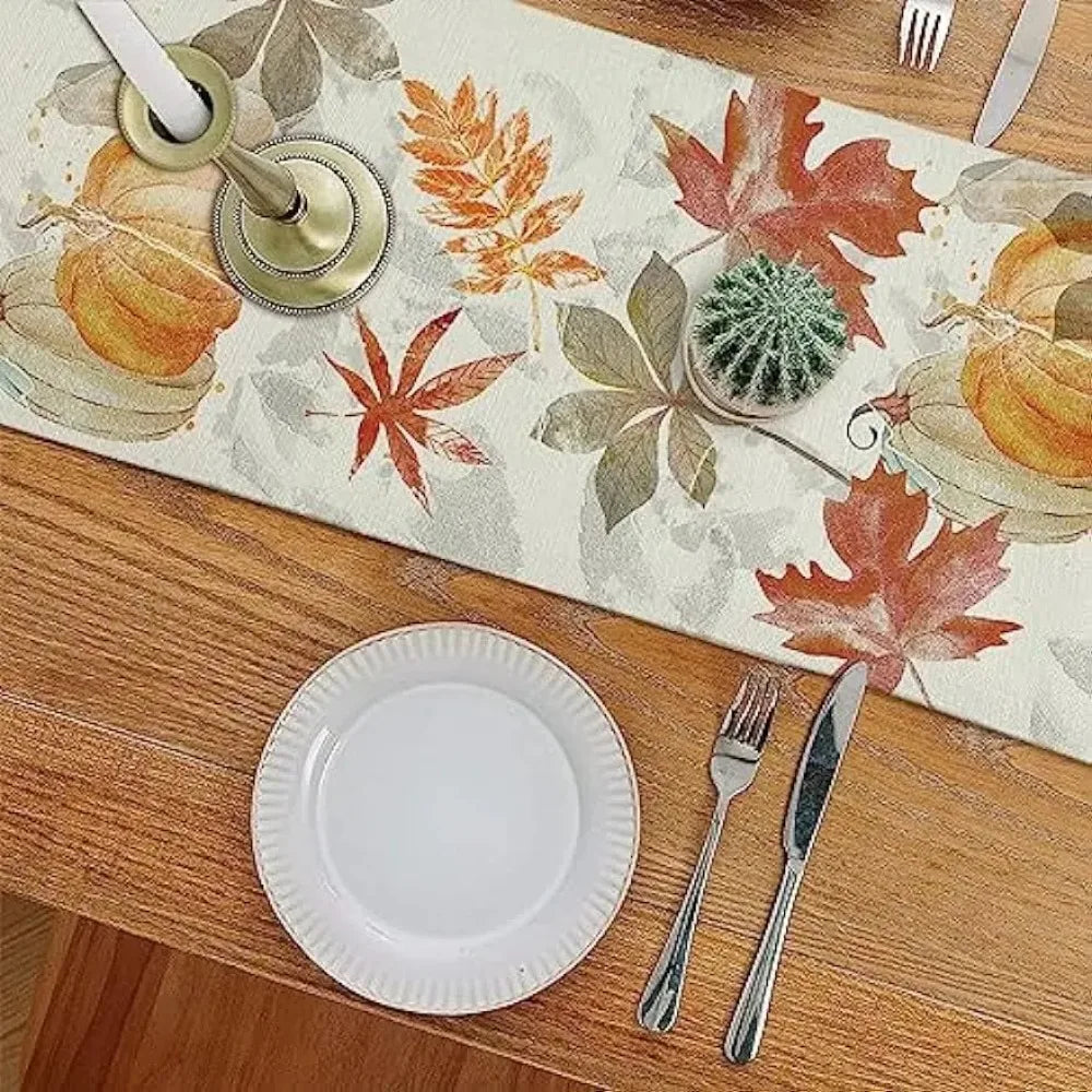 Autumn Pumpkin Maple Leaf Watercolor Retro Table Runner Thanksgiving Harvest Home Kitchen Dining Party Decor Washable Table Flag