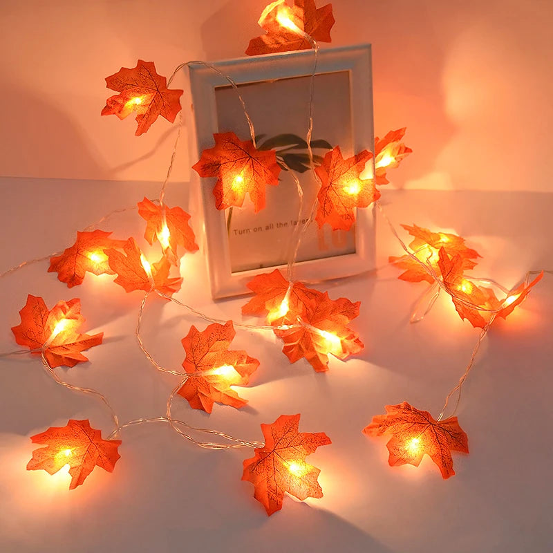 Artificial Autumn Maple Leaves Pumpkin Garland Led Fairy Lights for Autumn Thanksgiving Halloween Home Fireplace Door Decor