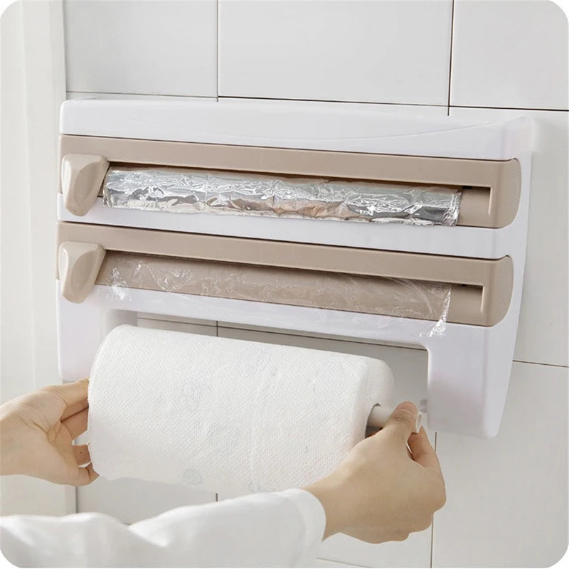 4-IN-1 Wall Mount Cling Film Cutter Paper Towel Rack Preservative Holder Wrap Tin Foil Dispenser Kitchen Gadgets