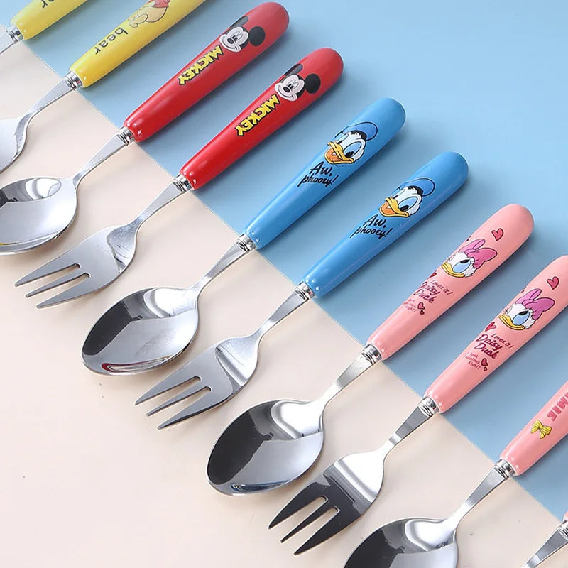 Disney Anime Kawaii Spoon Fork Cute Mickey Minnie Donald Duck Stainless Steel Children Fruit The Steak The Fork Soup Ladle