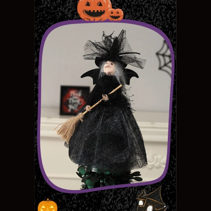 Set of 2pcs Spooky Halloween Witch Ornament with Long Dress & Broom Hat Holiday Decorative Props Decoration for Tree