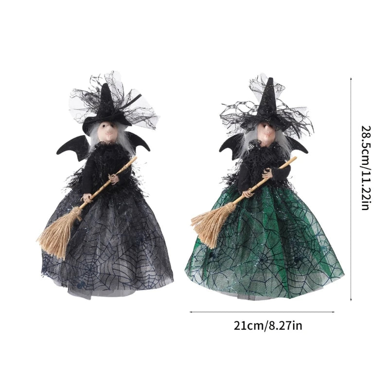 Set of 2pcs Spooky Halloween Witch Ornament with Long Dress & Broom Hat Holiday Decorative Props Decoration for Tree