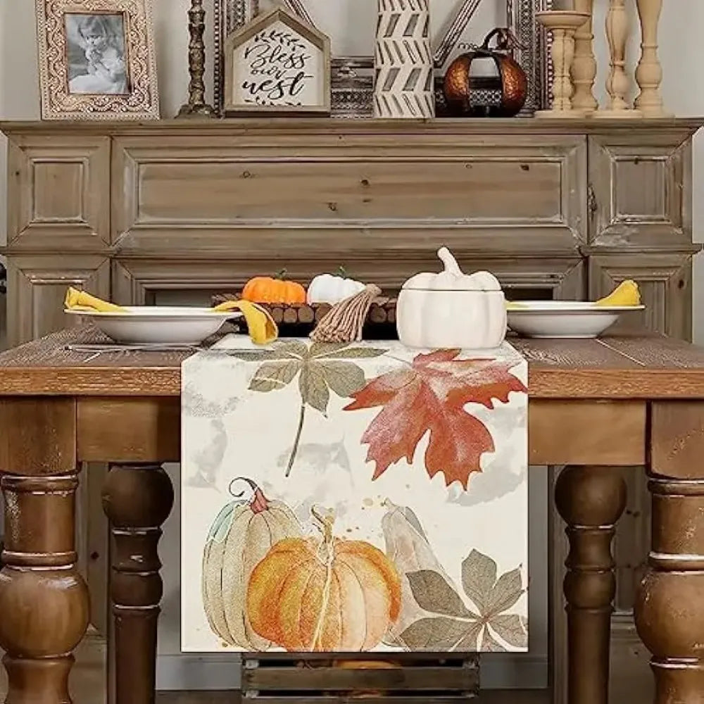 Autumn Pumpkin Maple Leaf Watercolor Retro Table Runner Thanksgiving Harvest Home Kitchen Dining Party Decor Washable Table Flag