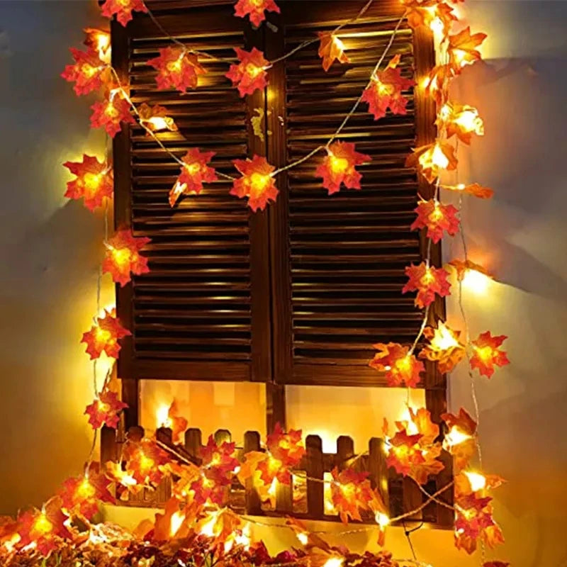 Artificial Autumn Maple Leaves Pumpkin Garland Led Fairy Lights for Autumn Thanksgiving Halloween Home Fireplace Door Decor