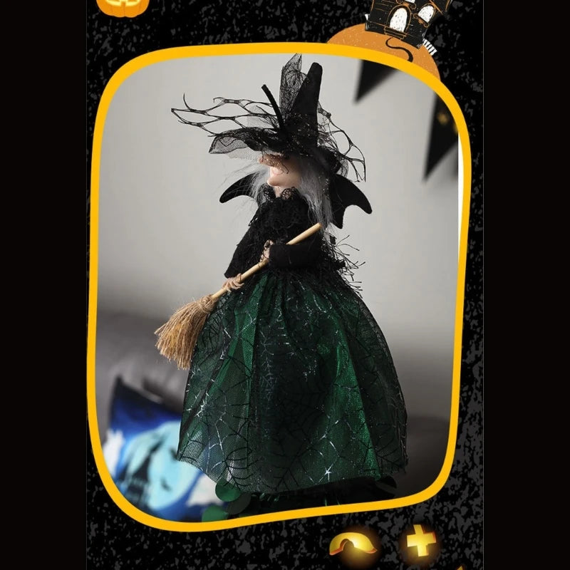 Set of 2pcs Spooky Halloween Witch Ornament with Long Dress & Broom Hat Holiday Decorative Props Decoration for Tree