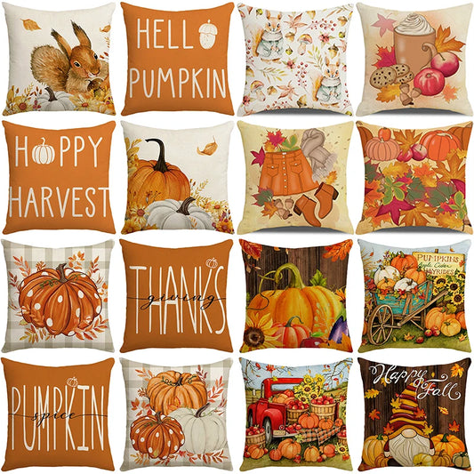 New Fall Thanksgiving Decorative Pillow Cover 45x45cm Couch Cushion Cover Pumpkin Squirrel Print Pillowcase Holiday Decorations