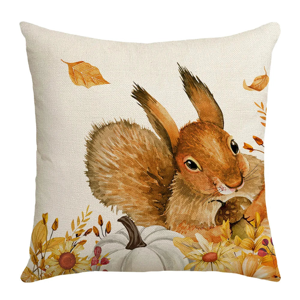 New Fall Thanksgiving Decorative Pillow Cover 45x45cm Couch Cushion Cover Pumpkin Squirrel Print Pillowcase Holiday Decorations