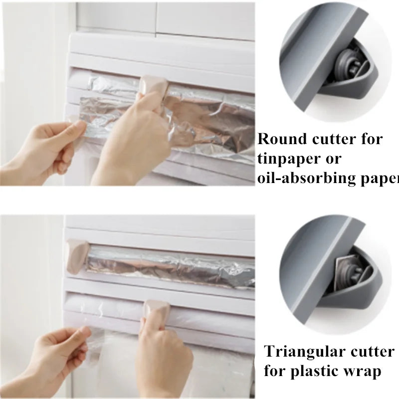 4-IN-1 Wall Mount Cling Film Cutter Paper Towel Rack Preservative Holder Wrap Tin Foil Dispenser Kitchen Gadgets