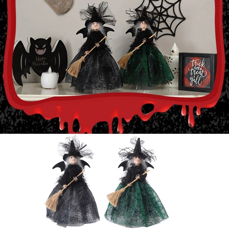 Set of 2pcs Spooky Halloween Witch Ornament with Long Dress & Broom Hat Holiday Decorative Props Decoration for Tree