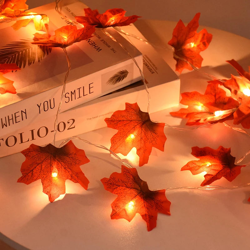 Artificial Autumn Maple Leaves Pumpkin Garland Led Fairy Lights for Autumn Thanksgiving Halloween Home Fireplace Door Decor