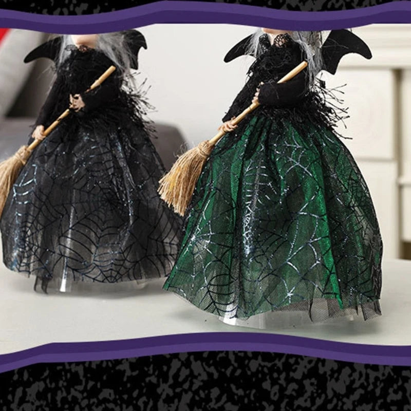 Set of 2pcs Spooky Halloween Witch Ornament with Long Dress & Broom Hat Holiday Decorative Props Decoration for Tree