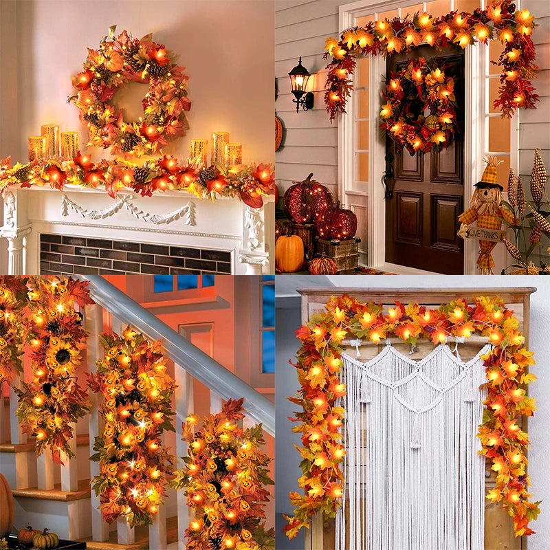 Artificial Autumn Maple Leaves Pumpkin Garland Led Fairy Lights for Autumn Thanksgiving Halloween Home Fireplace Door Decor