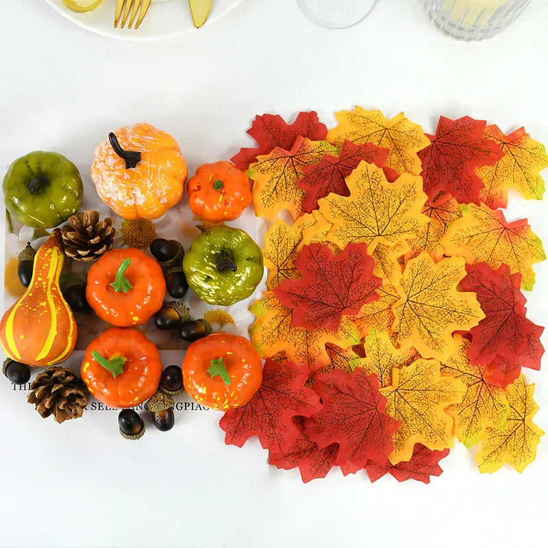 50Pcs/set Artificial Pumpkin Maple Leaves Pine Cone Halloween Thanksgiving Fall Table Home Decoration Photo Props Ornaments