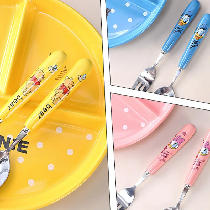 Disney Anime Kawaii Spoon Fork Cute Mickey Minnie Donald Duck Stainless Steel Children Fruit The Steak The Fork Soup Ladle