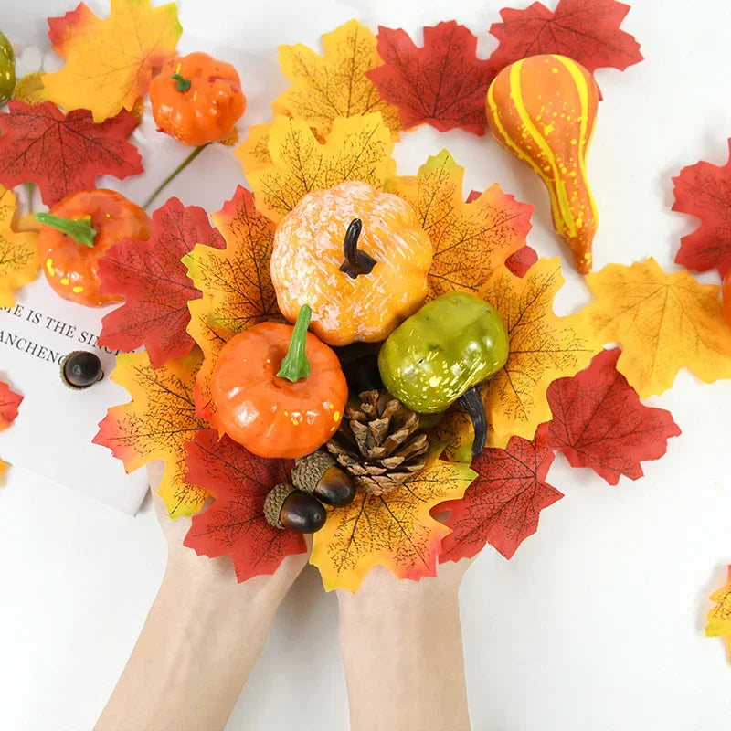 50Pcs/set Artificial Pumpkin Maple Leaves Pine Cone Halloween Thanksgiving Fall Table Home Decoration Photo Props Ornaments