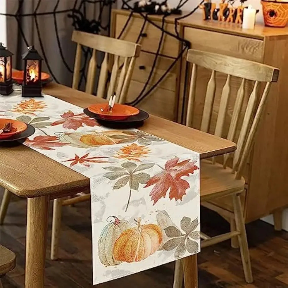 Autumn Pumpkin Maple Leaf Watercolor Retro Table Runner Thanksgiving Harvest Home Kitchen Dining Party Decor Washable Table Flag