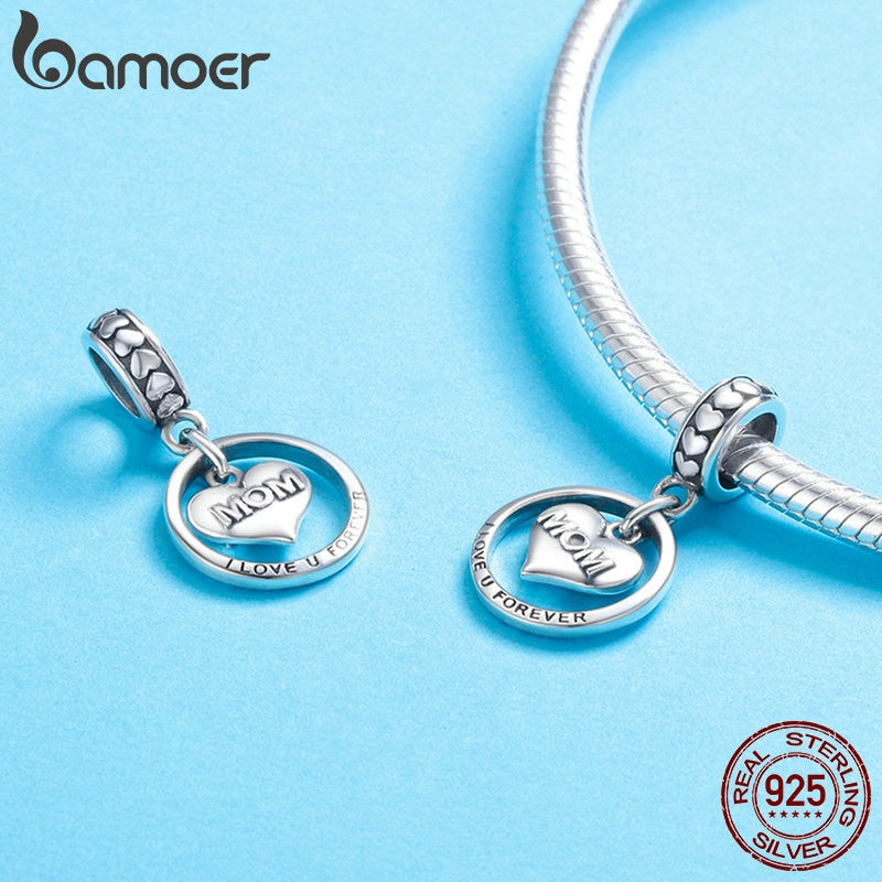 BAMOER Sterling Silver I Love u Forever Mom Charm