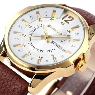 MG. ORKINA Leather Band Golden Case, Quartz Watch