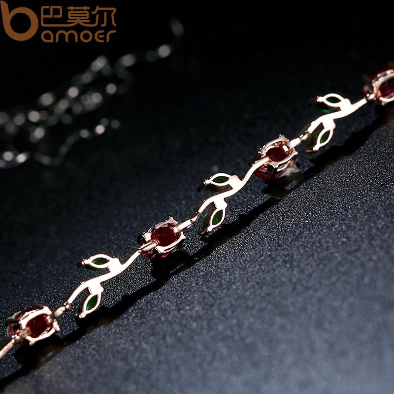 BAMOER Rose Gold Leaf Chain; Link Bracelet with Red/Green Zircon