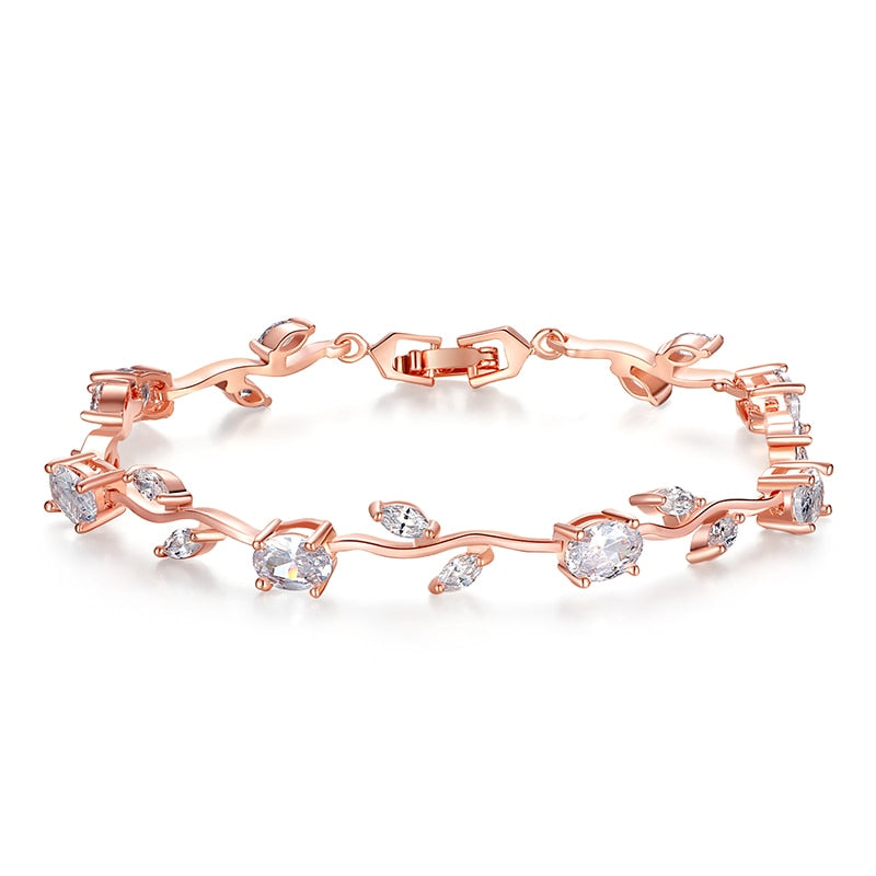 BAMOER Rose Gold Leaf Chain; Link Bracelet with Red/Green Zircon