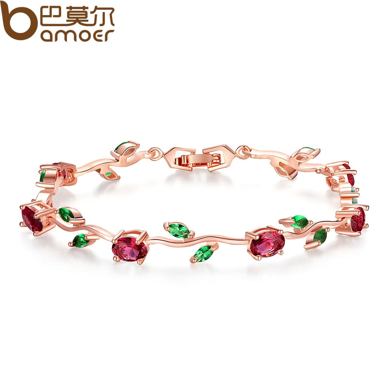 BAMOER Rose Gold Leaf Chain; Link Bracelet with Red/Green Zircon