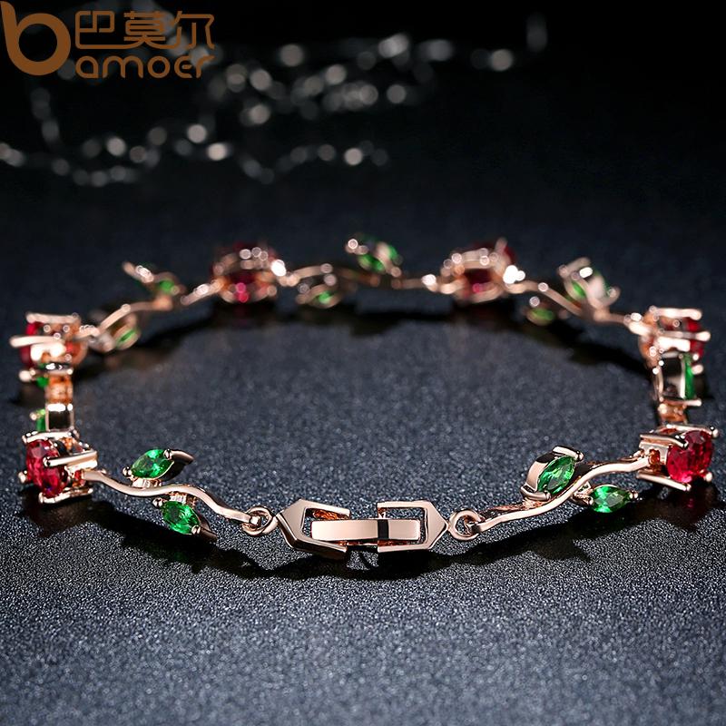 BAMOER Rose Gold Leaf Chain; Link Bracelet with Red/Green Zircon