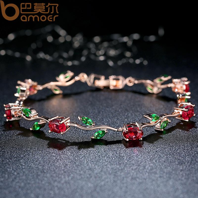 BAMOER Rose Gold Leaf Chain; Link Bracelet with Red/Green Zircon