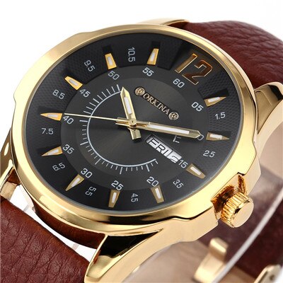 MG. ORKINA Leather Band Golden Case, Quartz Watch