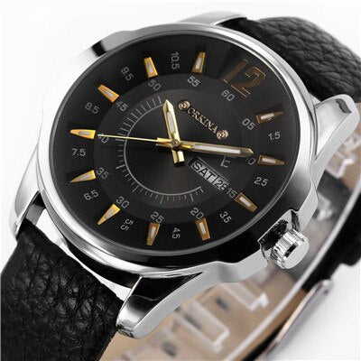 MG. ORKINA Leather Band Golden Case, Quartz Watch