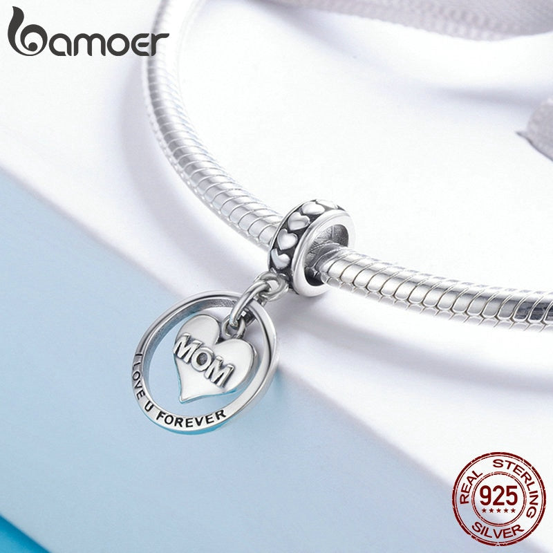 BAMOER Sterling Silver I Love u Forever Mom Charm