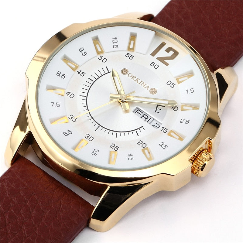 MG. ORKINA Leather Band Golden Case, Quartz Watch