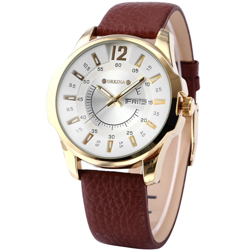 MG. ORKINA Leather Band Golden Case, Quartz Watch