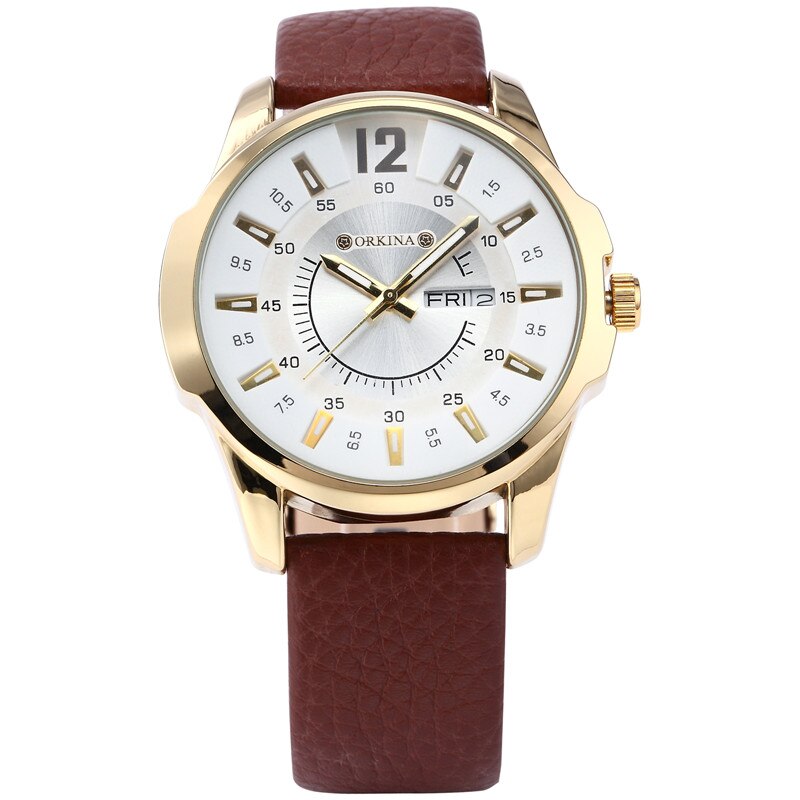 MG. ORKINA Leather Band Golden Case, Quartz Watch