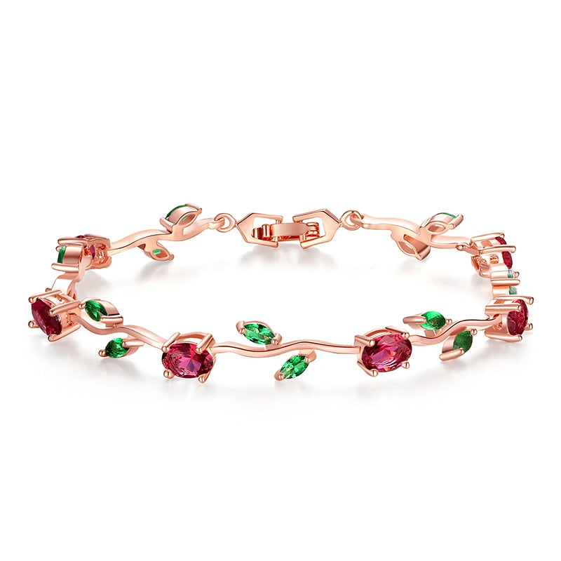 BAMOER Rose Gold Leaf Chain; Link Bracelet with Red/Green Zircon