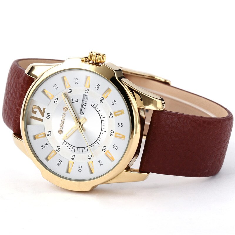 MG. ORKINA Leather Band Golden Case, Quartz Watch