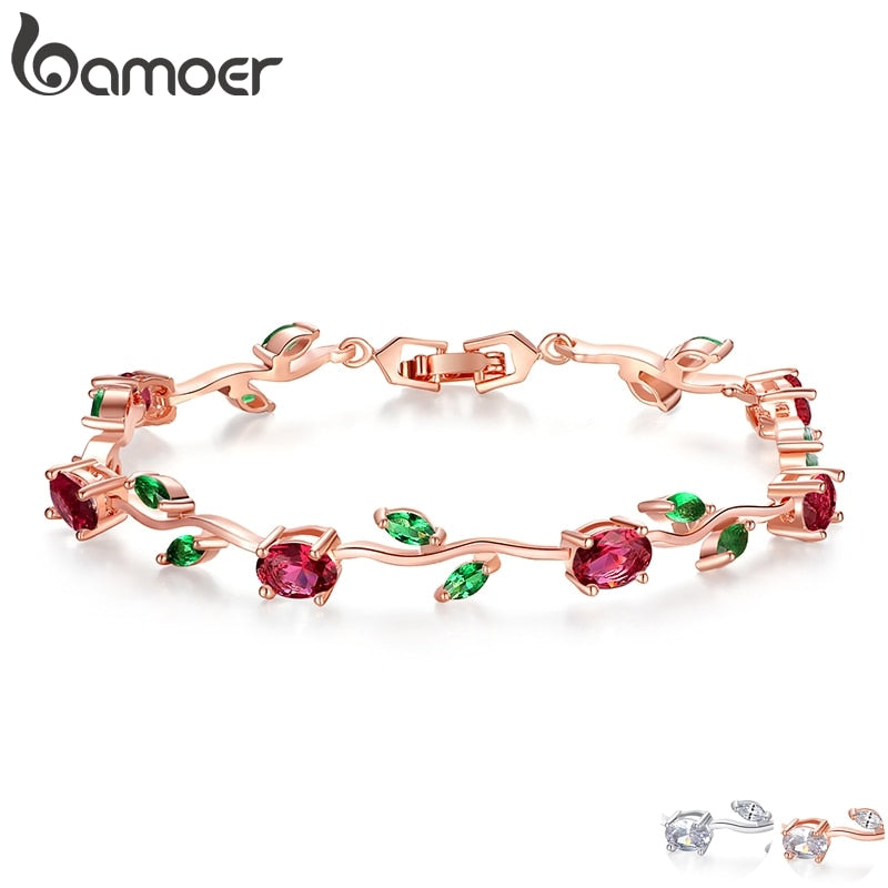 BAMOER Rose Gold Leaf Chain; Link Bracelet with Red/Green Zircon