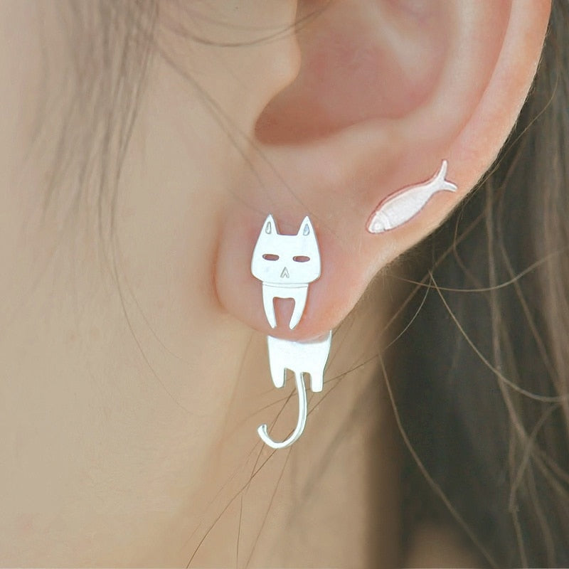 Cute Cat and Fish Stud Earrings for Women