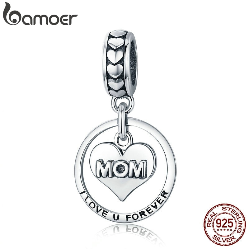 BAMOER Sterling Silver I Love u Forever Mom Charm