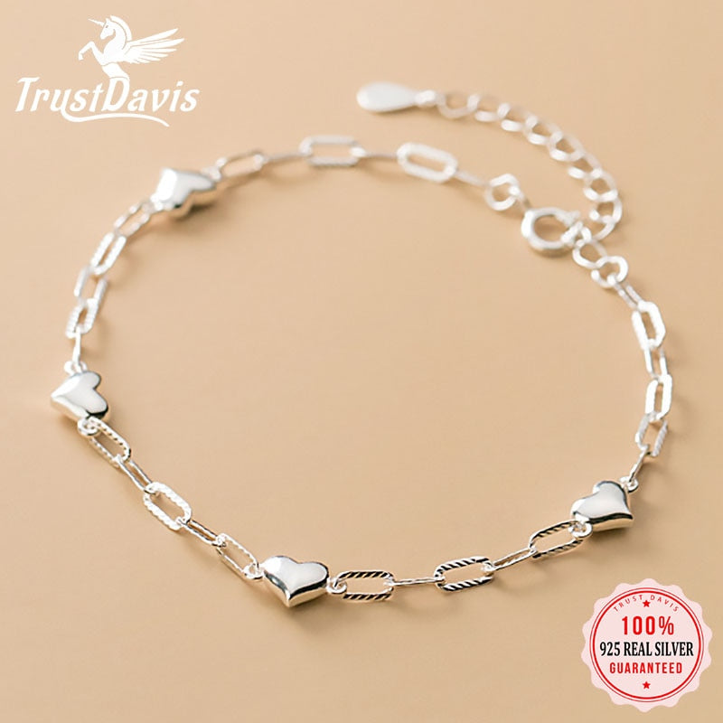 TrustDavis Sterling Silver Heart Chain Bracelet